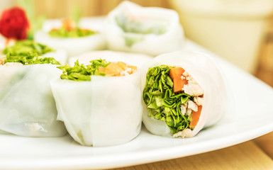 Delicious and healthy Vietnamese rice paper rolls with chicken a