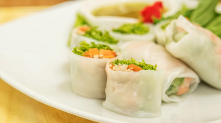 Delicious and healthy Vietnamese rice paper rolls with chicken a