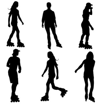 Silhouettes of people rollerskating. Vector illustration.