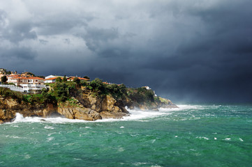 Fototapeta na wymiar lekeitio coastline with storm and rough sea