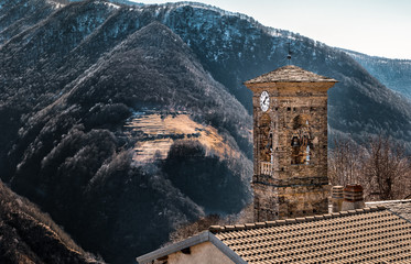 Old bell tower of church in Biegno, Val Veddasca, Lombardy