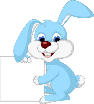 cute rabbit cartoon holding blank sign
