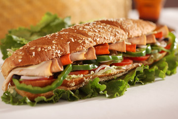 Chicken and Turkey Ham Sandwich with vegetables, brown bread
