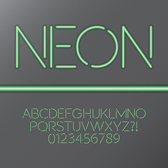 Green Neon Tube Alphabet and Numbers, Eps 10 Vector