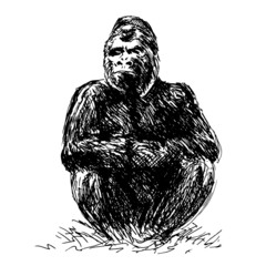 Drawing gorilla sitting. Vector illustration