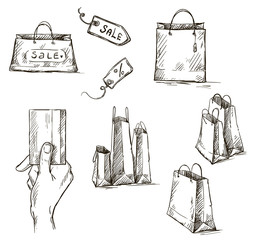 Shopping icons, sale tag, paper bags, hand with credit card