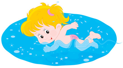 Obraz premium Little girl swims in blue water