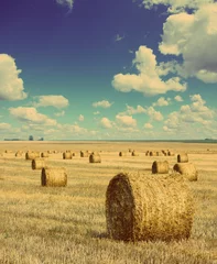 Selbstklebende Fototapete Land bales of straw in field - vintage retro style