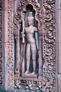 Ancient bas-relief at the Banteay Srey Temple, Cambodia