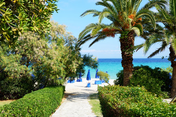 Fototapeta na wymiar Way to the beach of luxury hotel, Halkidiki, Greece