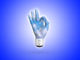 3D lightbulb - hand OK with sky. Concept - eco energy.