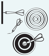 Dart on target isolated on blue background