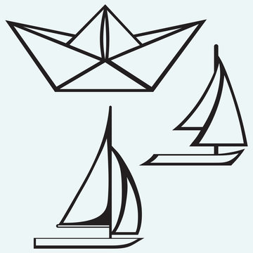 Origami paper ship and sailboat sailing