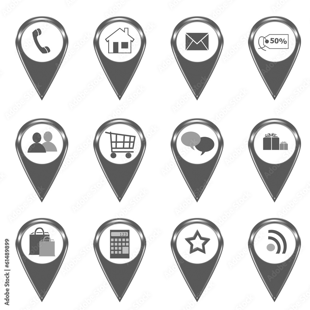 Poster set of icons for web or markers on maps in gray color