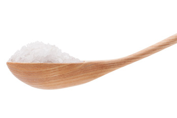 Mineral salt in wooden spoon isolated on white background cutout