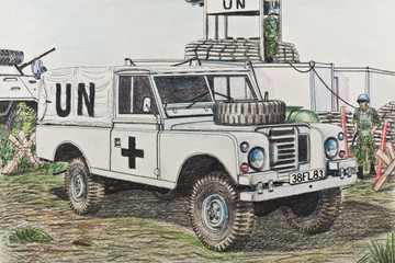 The UN Land Rover at a checkpoint in Kosovo