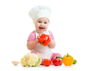 cute baby chef with healthy  food vegetables, isolated on white