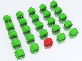 Green houses and red one. 3d render.
