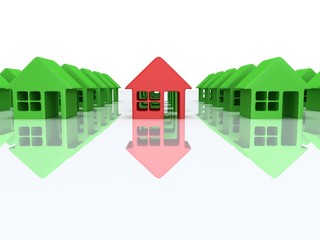 Green houses and red one. 3d render.