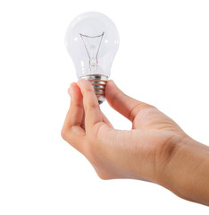 A teenage girl hand holding a light bulb over white background