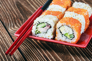 seafood sushi and chopsticks