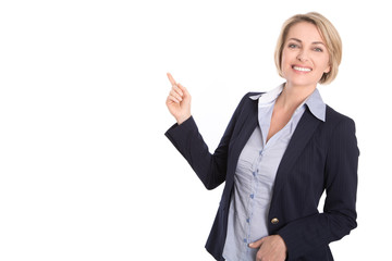 Senior Business Frau isoliert zeigt mit dem Zeigefinger