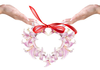 Hands Female and Heart of Flowers Pink Lily.Valentines Day