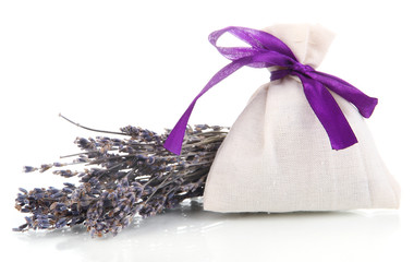 Textile sachet pouch with dried lavender flowers isolated
