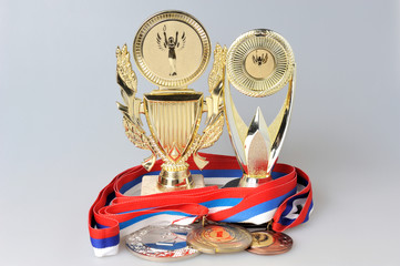 Cups and medals isolated on gray
