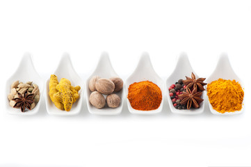 Assorted spices. Сurry, paprika, nutmeg, cinnamon