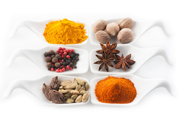 Spices curry, paprika, nutmeg,  cardamom
