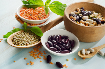 Beans and lentil on a wooden table