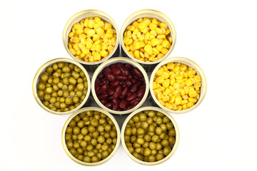 The tins with peas, red bean, corn on the white background