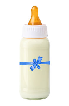 baby milk bottle with blue ribbon and bow isolated on white