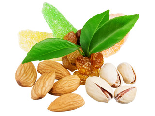 Assortment of tasty nuts with leaves