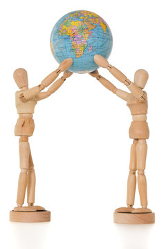 Two mannequin holding globe, isolated