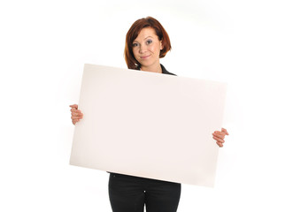 happy busy business woman holding  cardboard sign as copy space