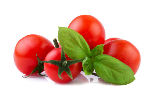 Cherry Tomatoes with Basil leaf isolated on white