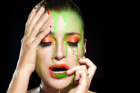 Fluor Makeup Explosion. Beauty and Fashion under Flowing Water