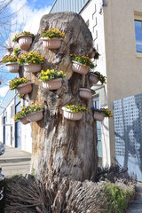 Escultura de madera con macetas y flores