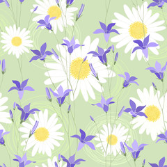 Seamless pattern with camomiles and bellflower