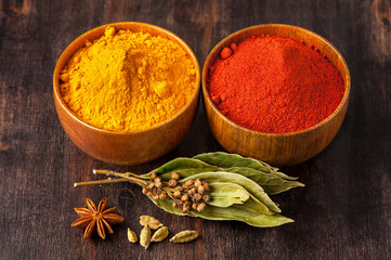 Spices Turmeric, paprika, anise, bay leaf, cardamom.