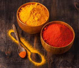 Spices Curry and paprika. Spice over Wood.