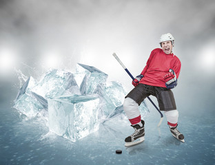 Screaming hockey player on abstract ice background