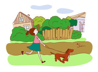 Fototapeta premium Girl walking dog