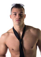 Shirtless young man with black bow-tie, isolated on white
