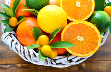 Citrus fruits, oranges, lemon, kumquats, lime, mandarin.