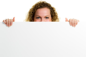 young woman with an advertising sign