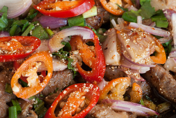 Close up Hot pan pork with tamarine chilil sauce.