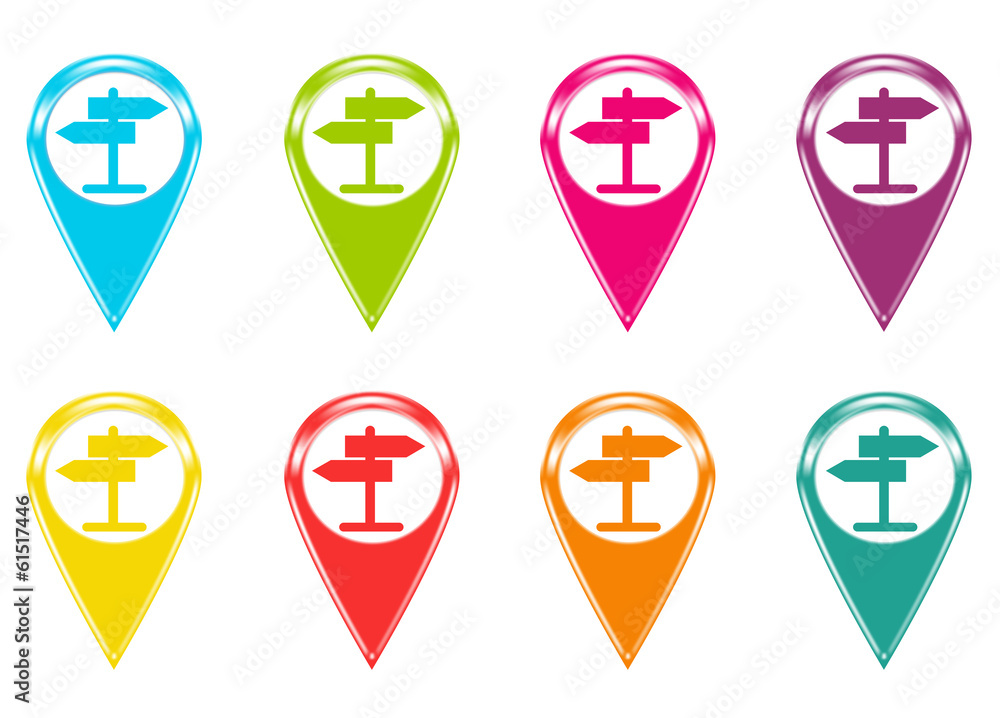Poster set of icons or colored markers with direction symbol